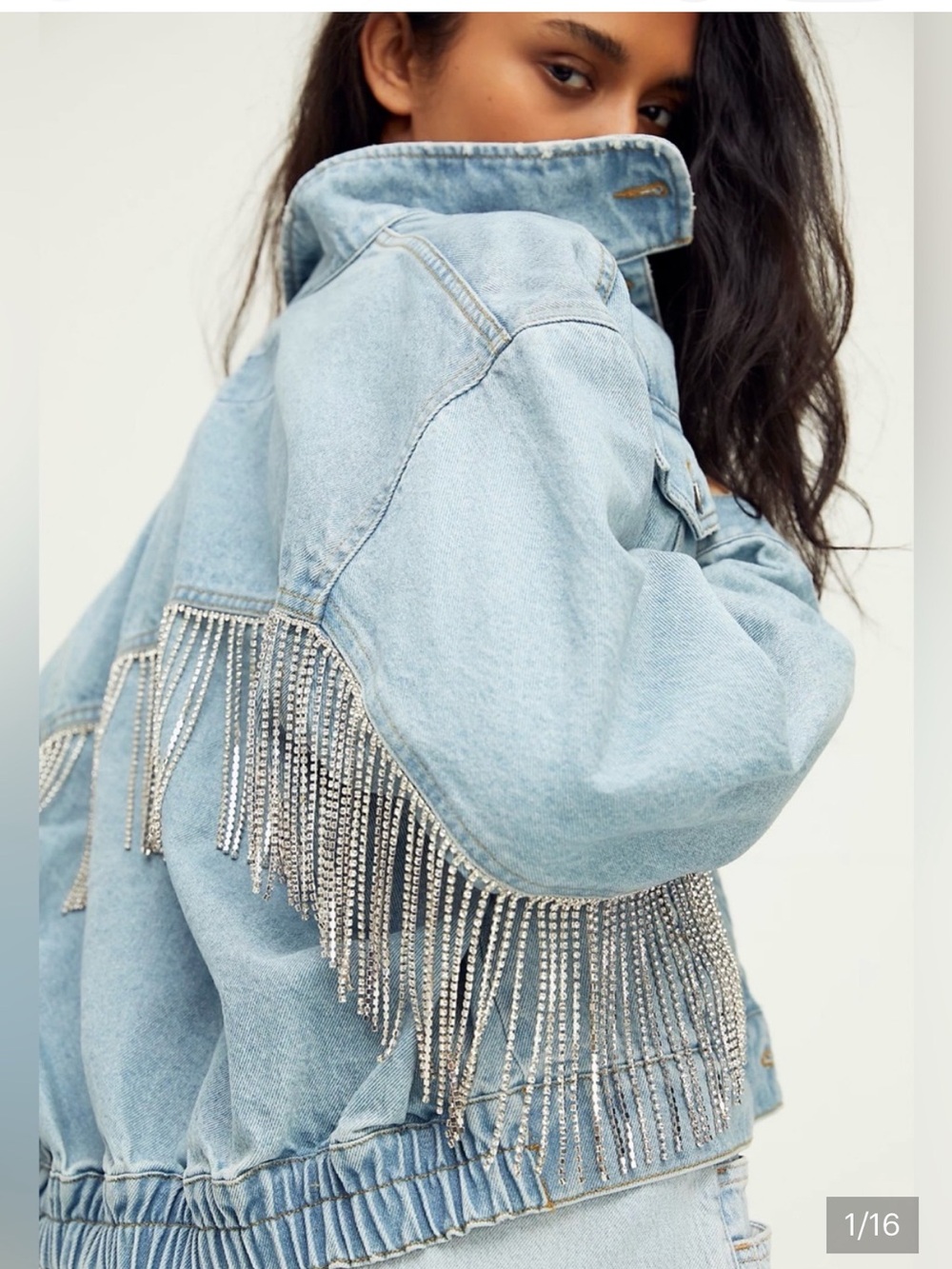 Light Blue Denim Jacket with Rhinestone Fringe - Bridal Oversized NWT
